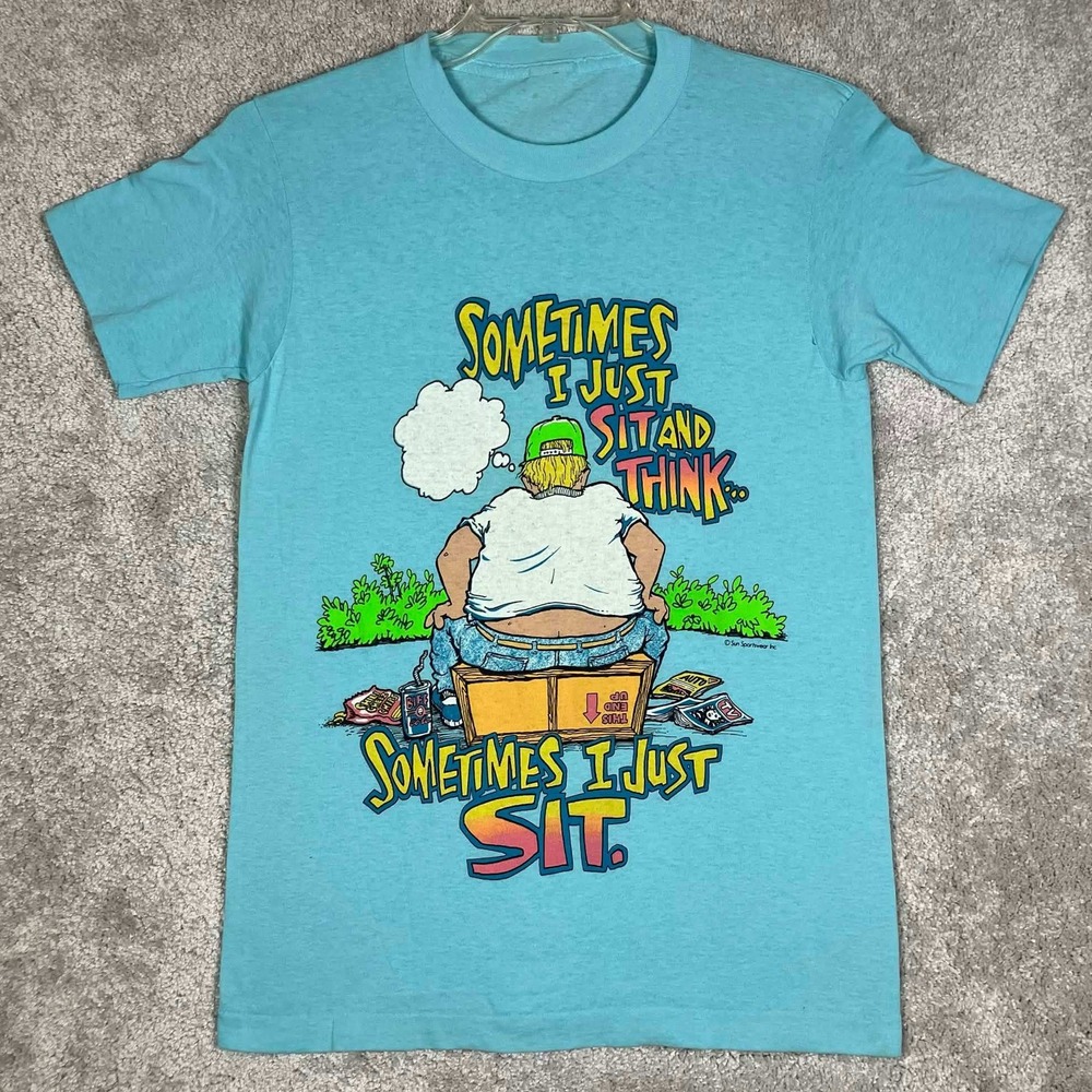 Vintage 80s Sun Sportswear Sometimes I Just Sit And Think Graphic T-Shirt Blue S
